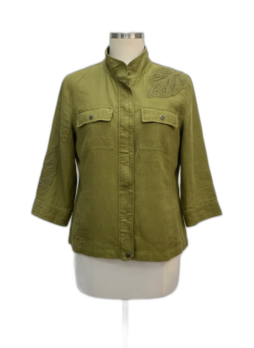 Chico's · Zip Up Jacket Beaded Olive Leaf Print · Large · Olive Leaf