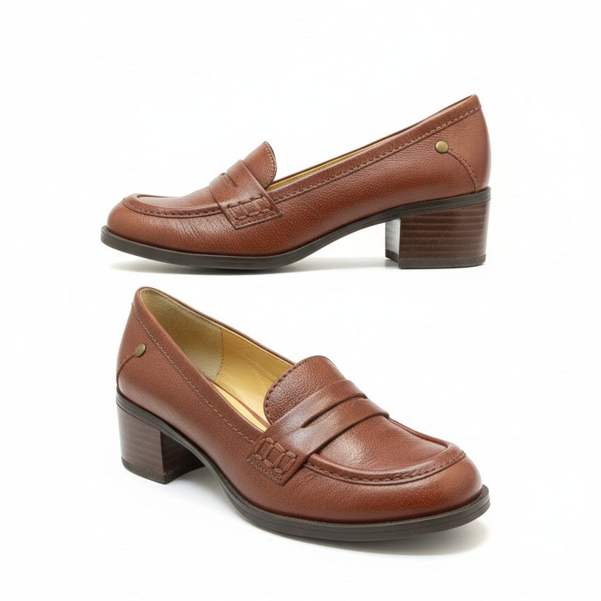 Nine West · Kimmie Heeled Penny Loafers · 5.5 · Cognac Leather