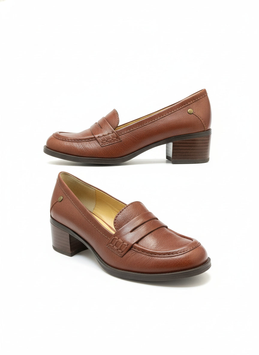 Nine West · Kimmie Heeled Penny Loafers · 5.5 · Cognac Leather