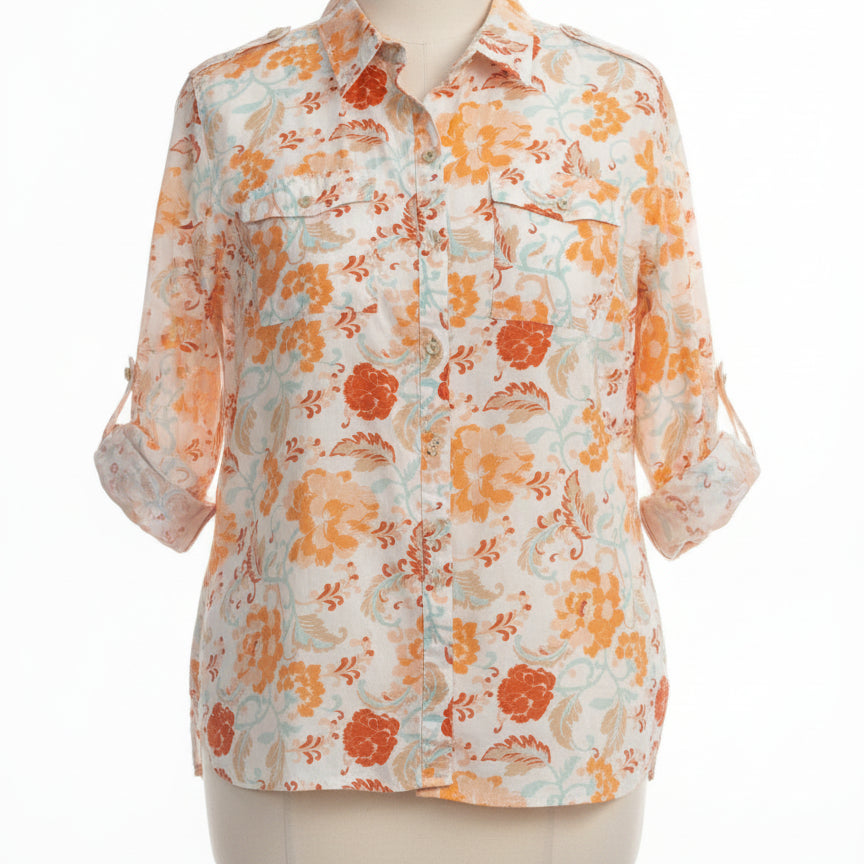 JonesNY · Roll Tab Shirt · 2X · Orange/White Floral Print