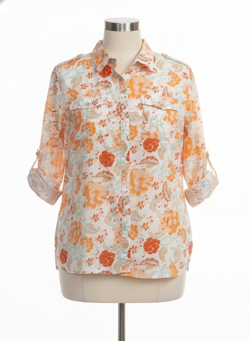 JonesNY · Roll Tab Shirt · 2X · Orange/White Floral Print