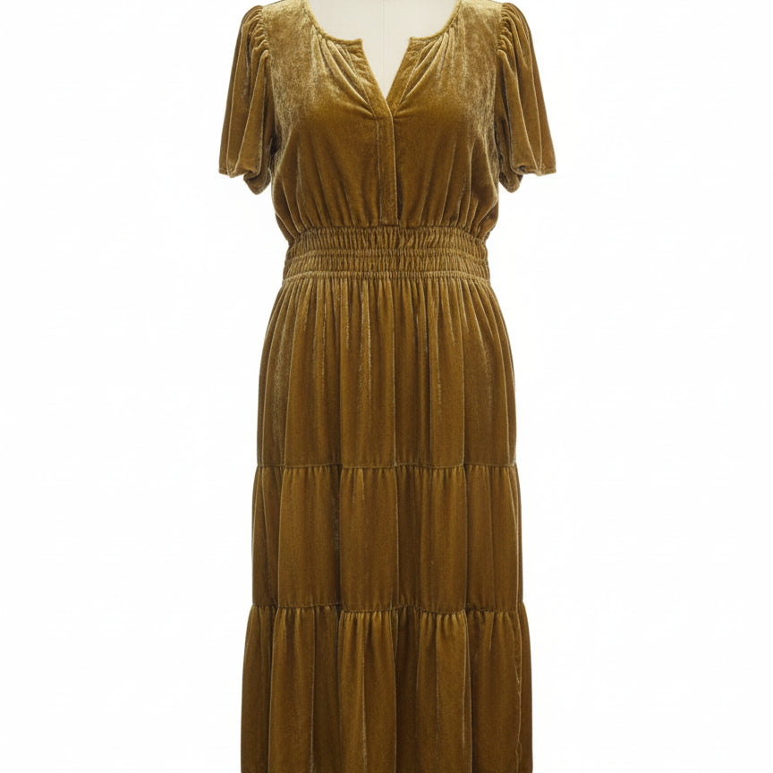 Anthropologie · Velvet Smocked Waist Tiered Maxi Dress · Large P · Dijon