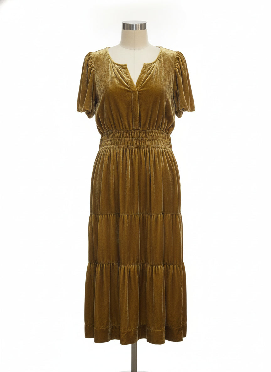 Anthropologie · Velvet Smocked Waist Tiered Maxi Dress · Large P · Dijon