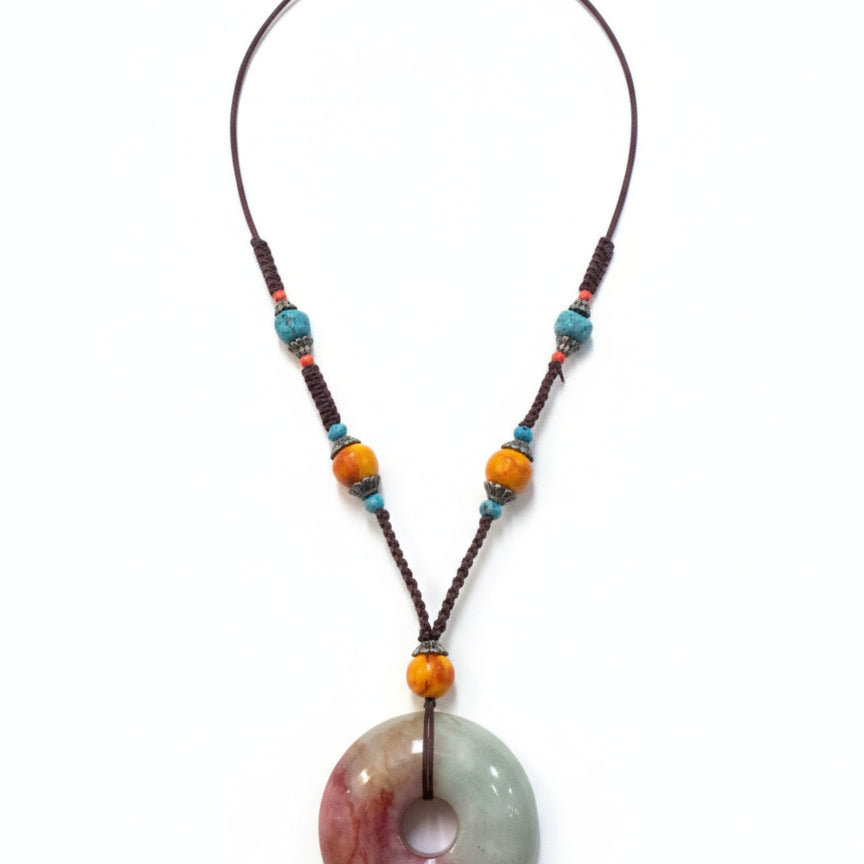 Artisan Made · Blood Jade Donut Pendant Necklace · Ajustable · Blood Jade, Orange, Blue