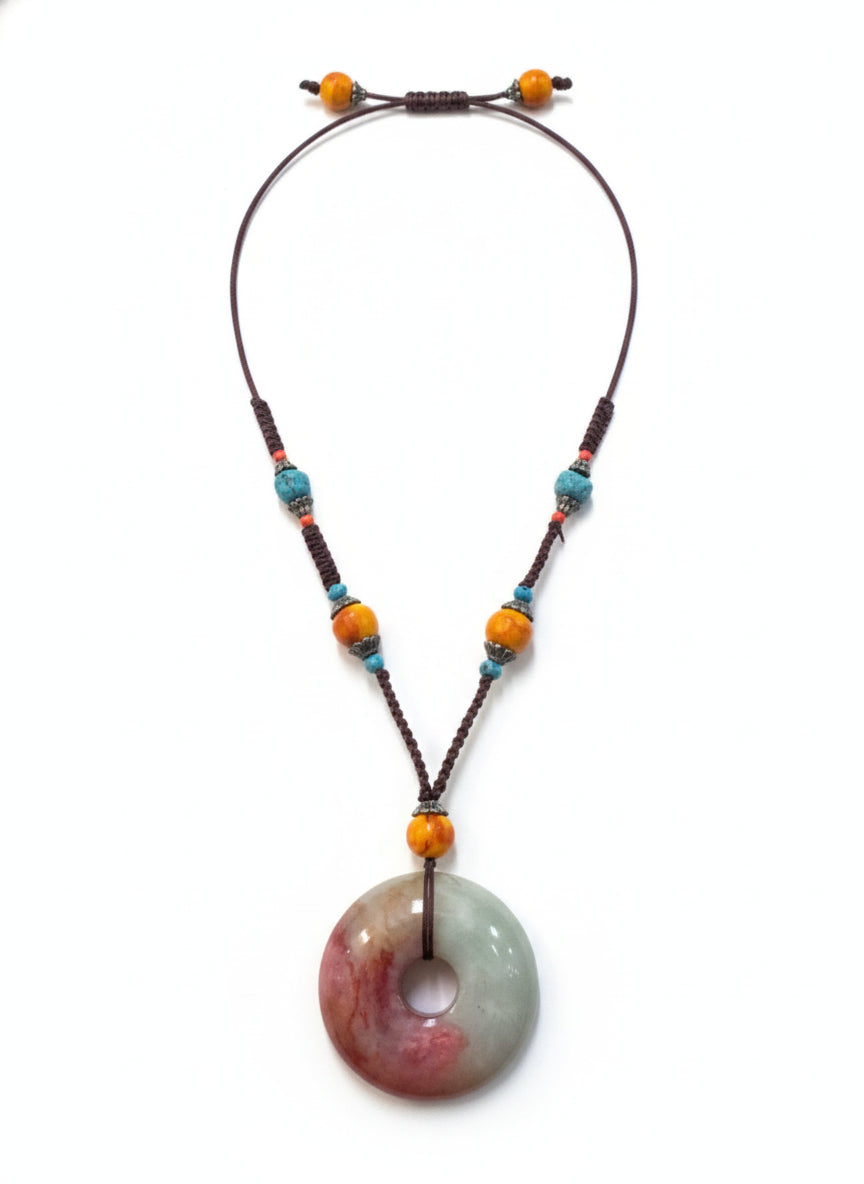 Artisan Made · Blood Jade Donut Pendant Necklace · Ajustable · Blood Jade, Orange, Blue
