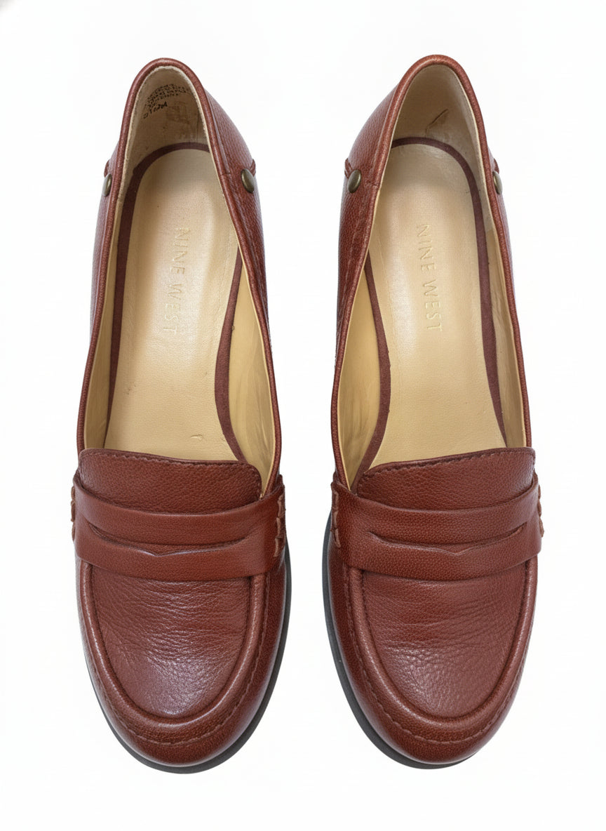 Nine West · Kimmie Heeled Penny Loafers · 5.5 · Cognac Leather