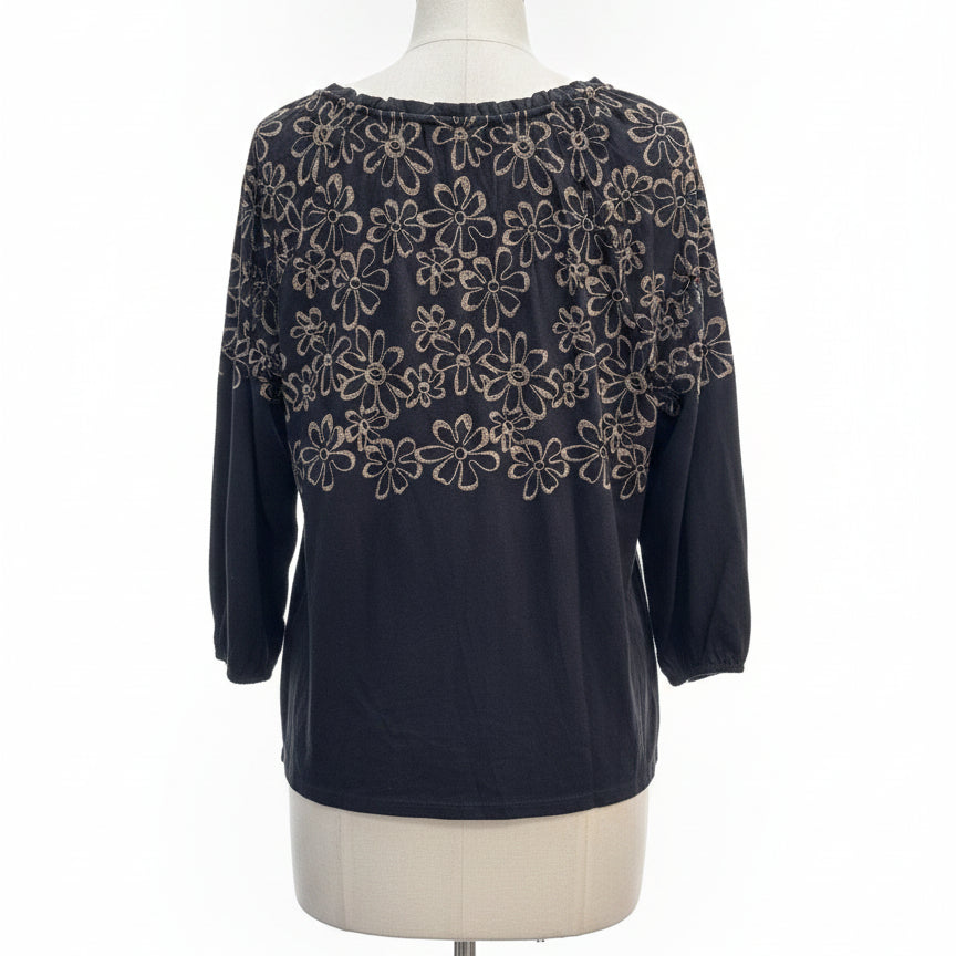 J. Jill · BlackTan Embroidered Floral Print Top · Small · Black