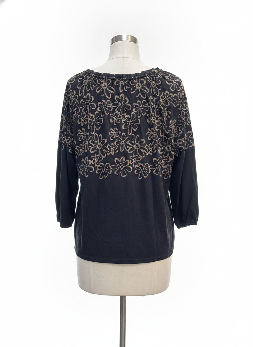 J. Jill · BlackTan Embroidered Floral Print Top · Small · Black