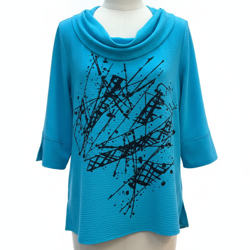Ali Miles · Cowl Neck Top · Large · TurqBlack