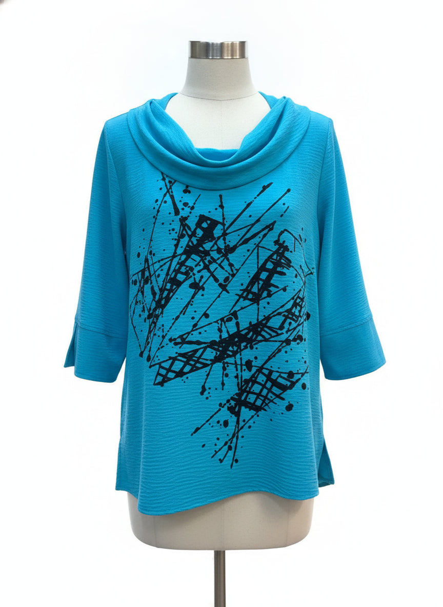 Ali Miles · Cowl Neck Top · Large · TurqBlack