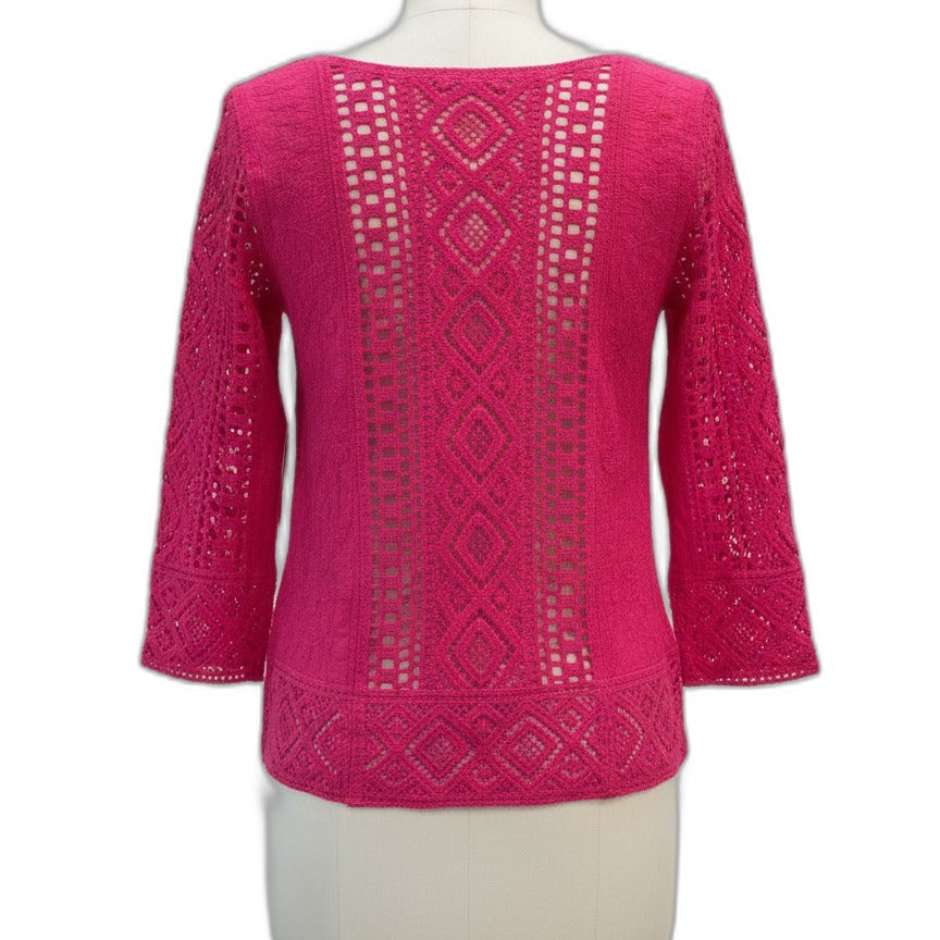 Anthropologie · Blue Tassel Hot Pink Embroidered Lace Top · Small · Hot Pink