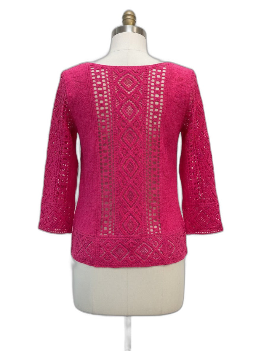 Anthropologie · Blue Tassel Hot Pink Embroidered Lace Top · Small · Hot Pink