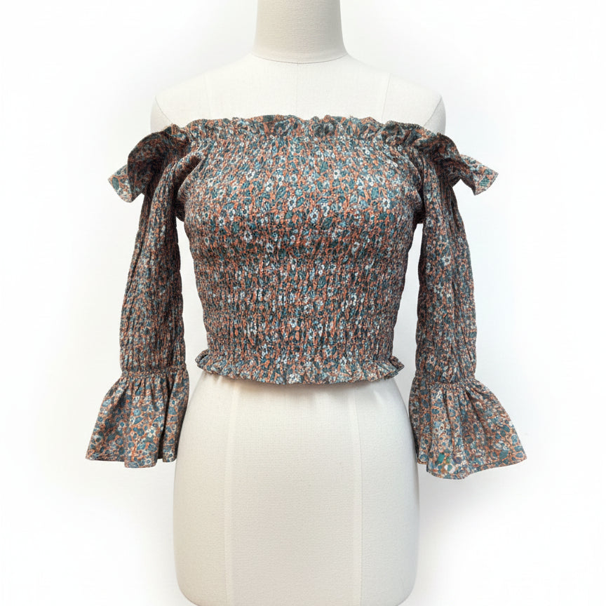Blue Tassel · AquaFloral Smocked Poplin Cotton Cropped Ruffle Detail Top · Small · AquaFloral