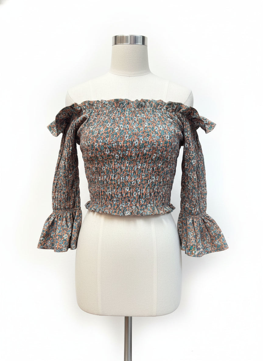 Blue Tassel · AquaFloral Smocked Poplin Cotton Cropped Ruffle Detail Top · Small · AquaFloral