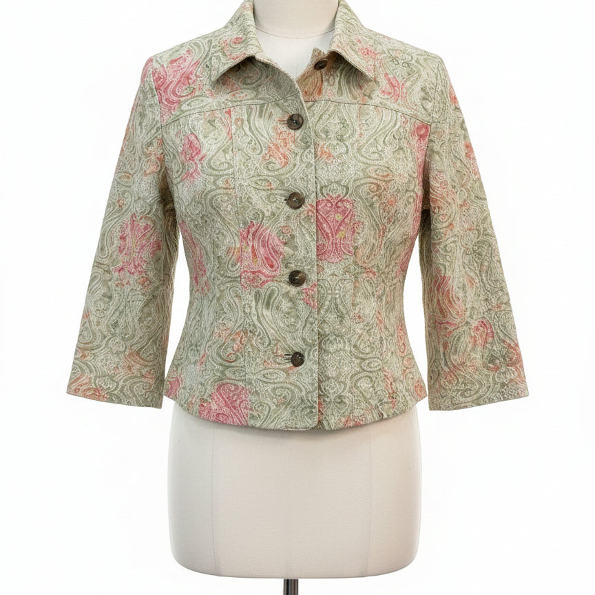 Chris&Banks · Floral Paisley Textured Button Jacket · Medium · GreenPink
