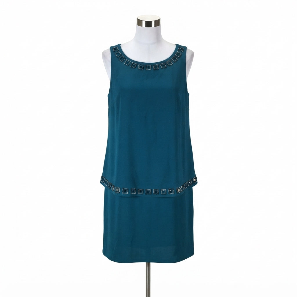 Patra · Sleeveless Dress with Beaded Square Cut Out Detail · 16W · Dark Teal