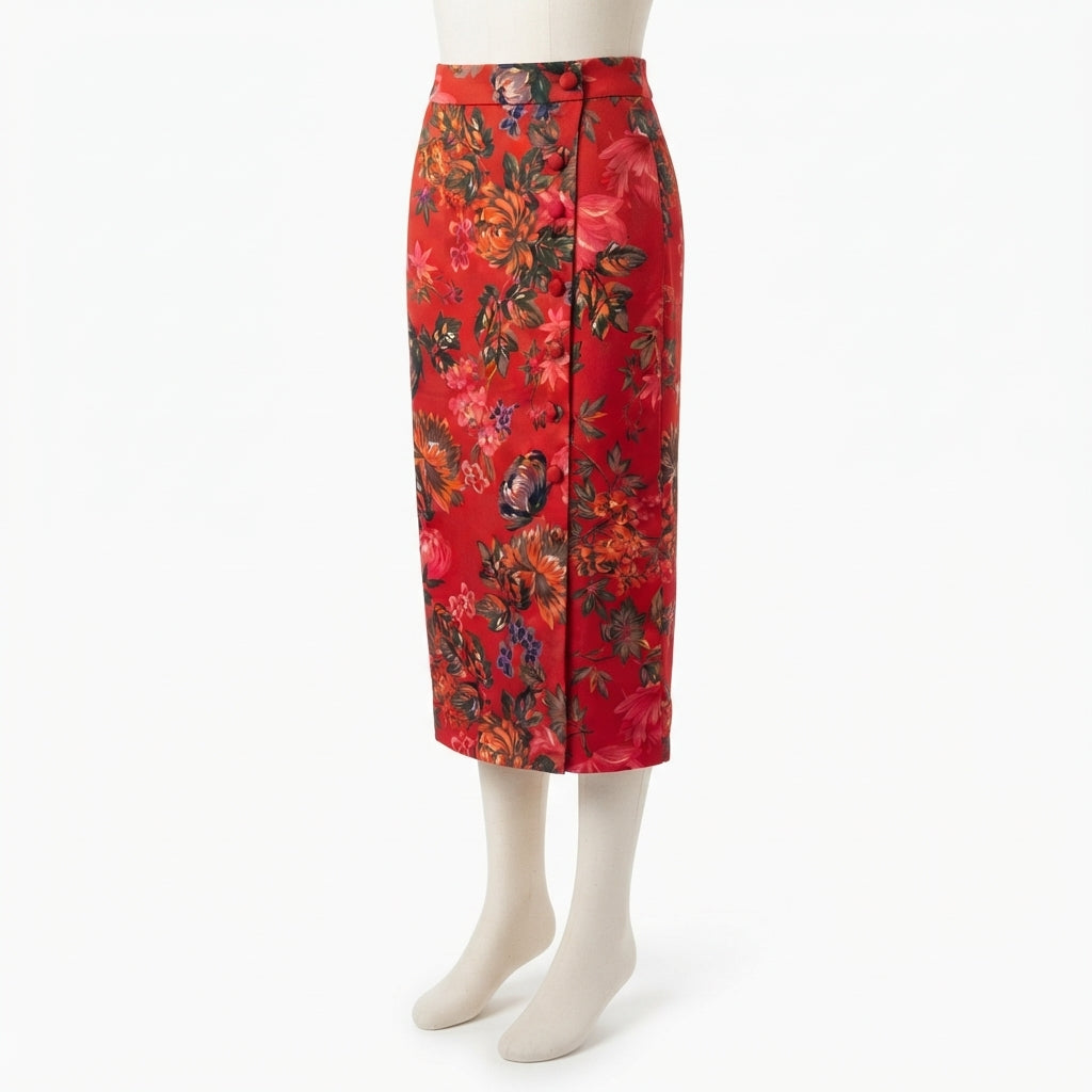 Zara · RedFloral Floral Print Long Pencil Skirt · Small · RedFloral