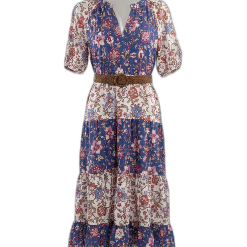 Harlow & Rose · Balloon Sleeve Floral Print Dress with Belt · Medium · WhiteFloral