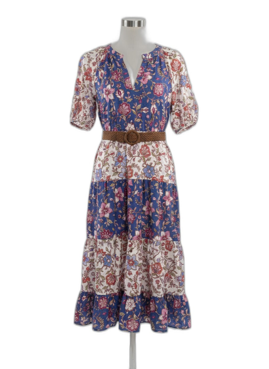 Harlow & Rose · Balloon Sleeve Floral Print Dress with Belt · Medium · WhiteFloral