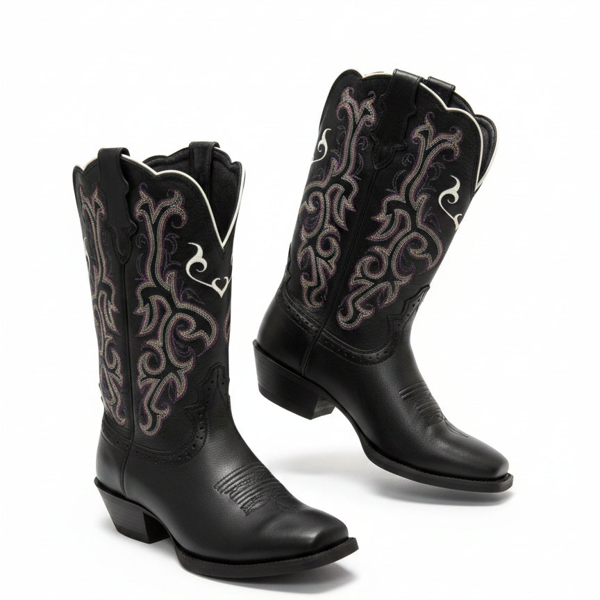 Justin · Stampede Leather Square Toe CowGirl · 8 · Black
