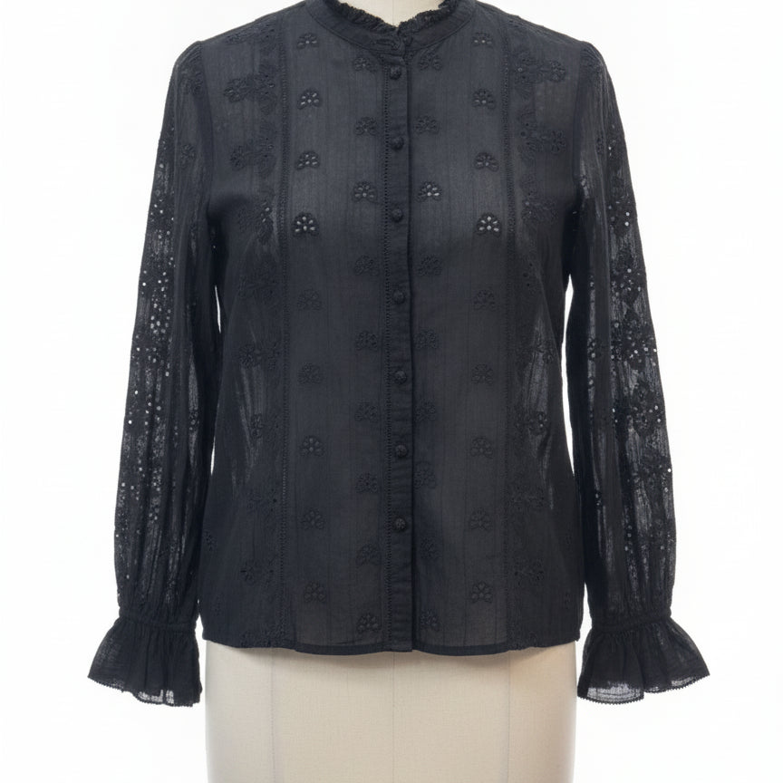 Sundance · LongSleeve Top Black Eyelet Cotton Blend · Medium · Black