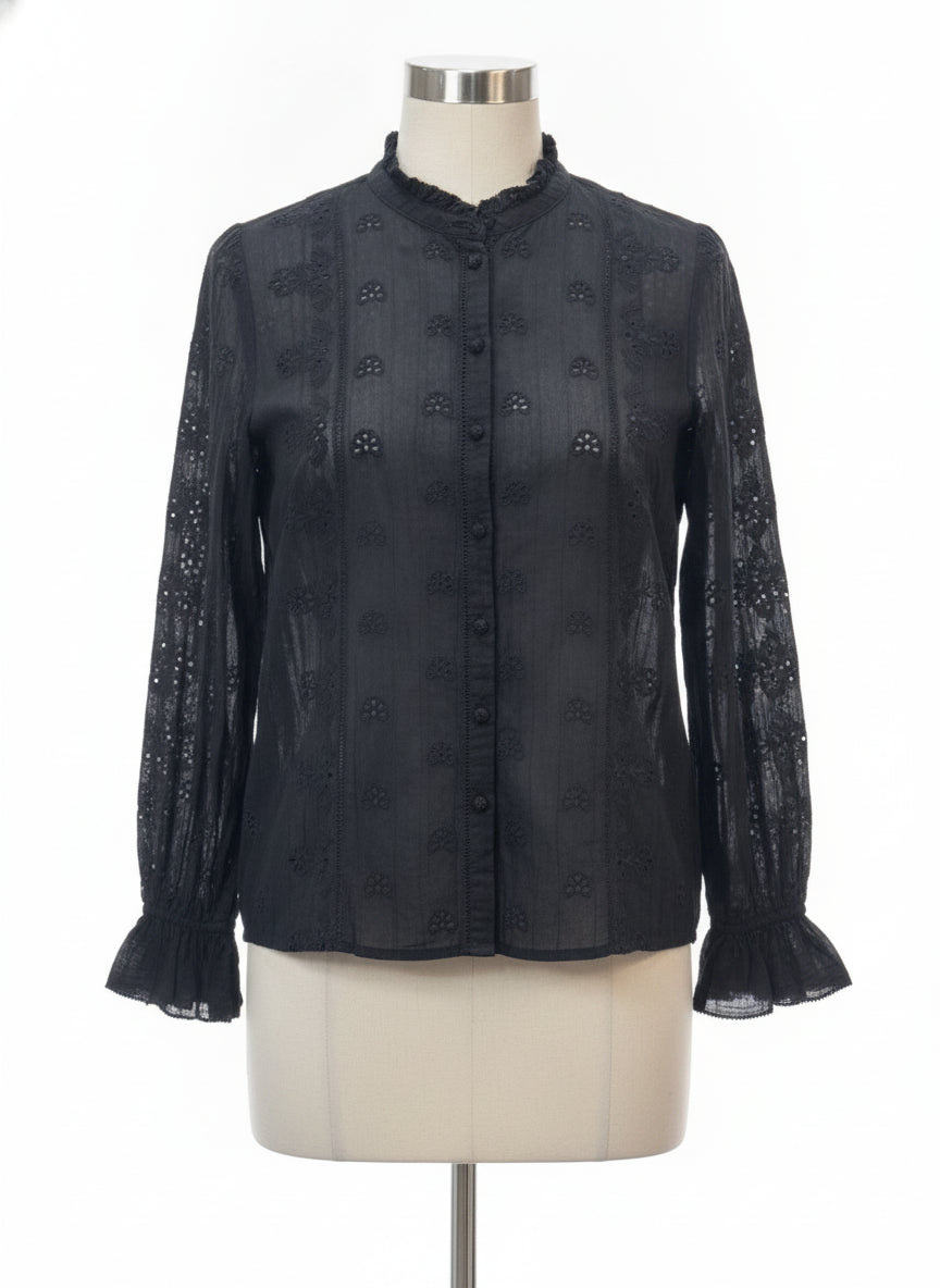 Sundance · LongSleeve Top Black Eyelet Cotton Blend · Medium · Black