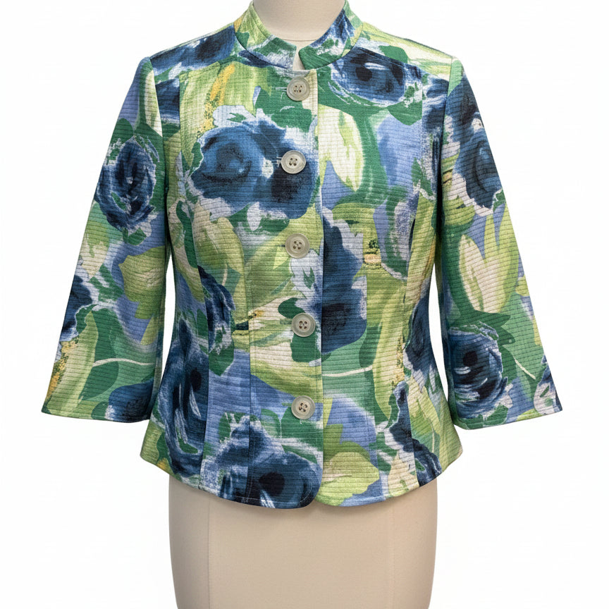 Chris&Banks · Textured Rose Print Button-Up Jacket · Large · BlueGreen