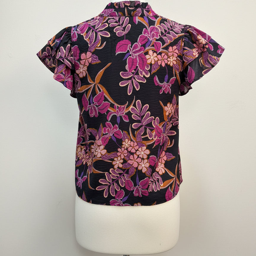 Oddi · Flutter Sleeve Top · Small · Black Floral
