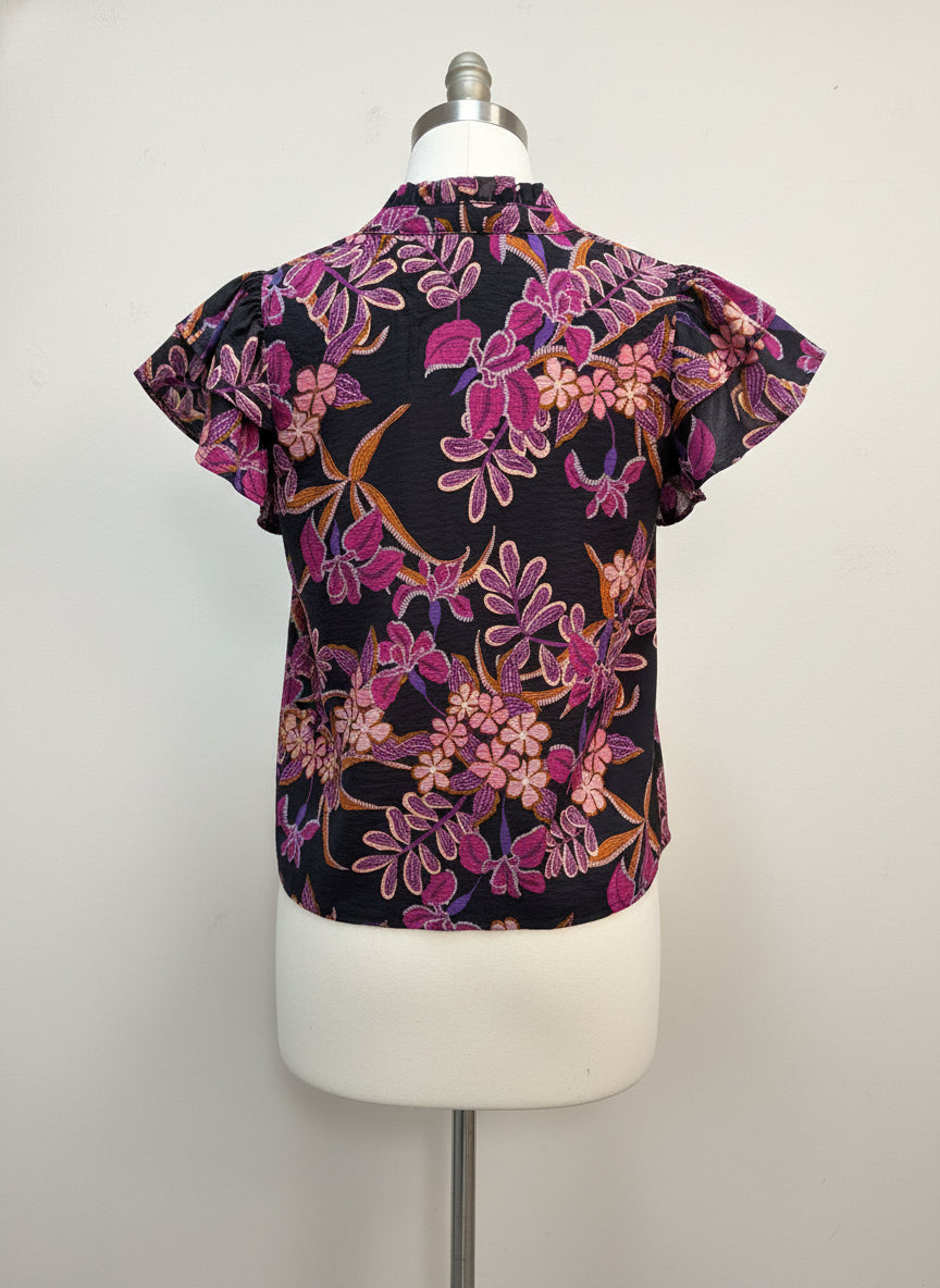 Oddi · Flutter Sleeve Top · Small · Black Floral