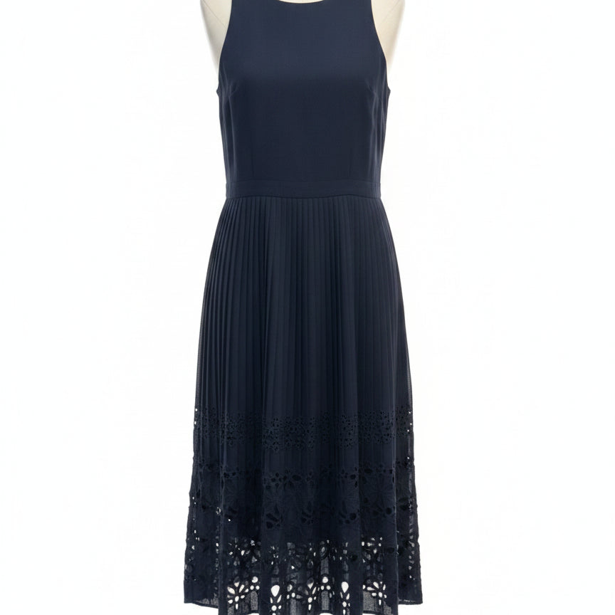 Banana Republic · Sleeveless Pleated Laser Cut Dress · 8 · Navy