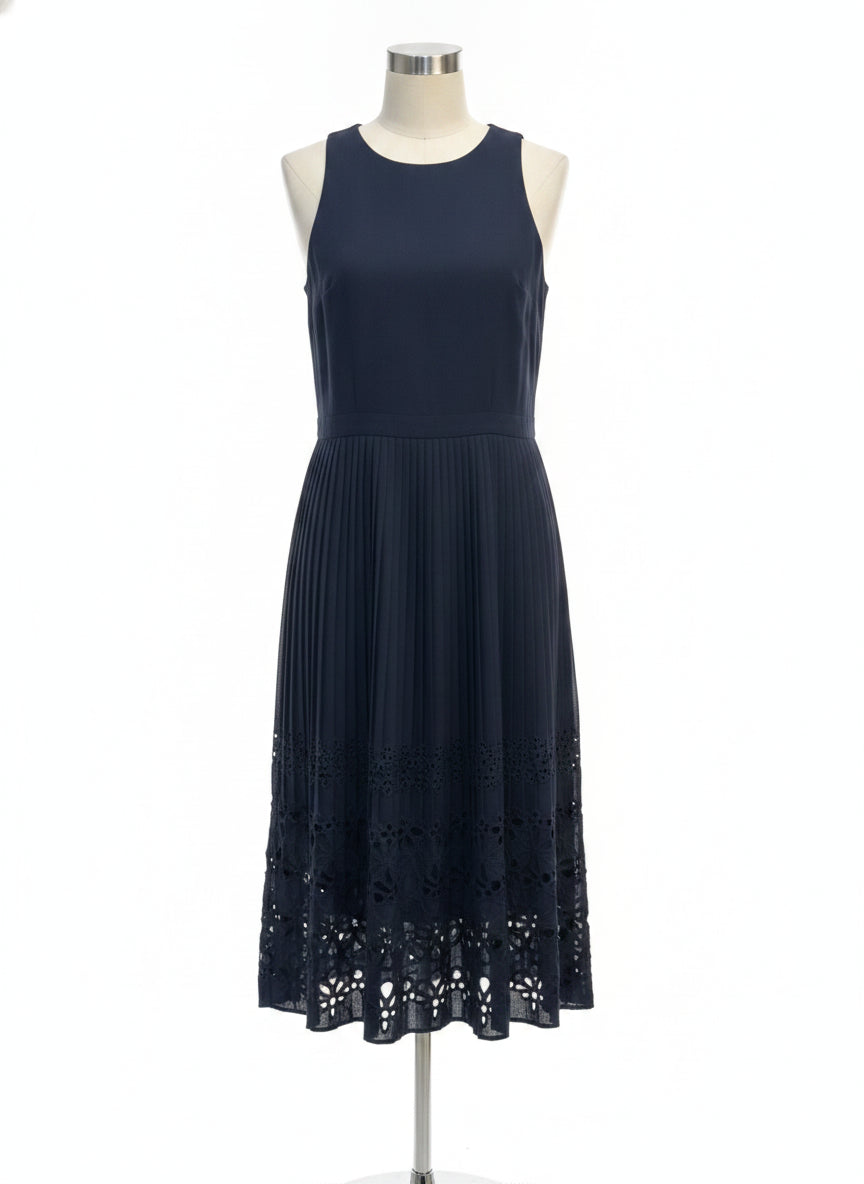 Banana Republic · Sleeveless Pleated Laser Cut Dress · 8 · Navy
