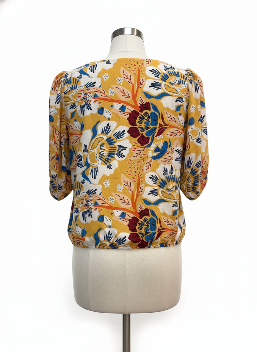 Dantella · Balloon Sleeve Side Tie Top · Large · Yellow Floral