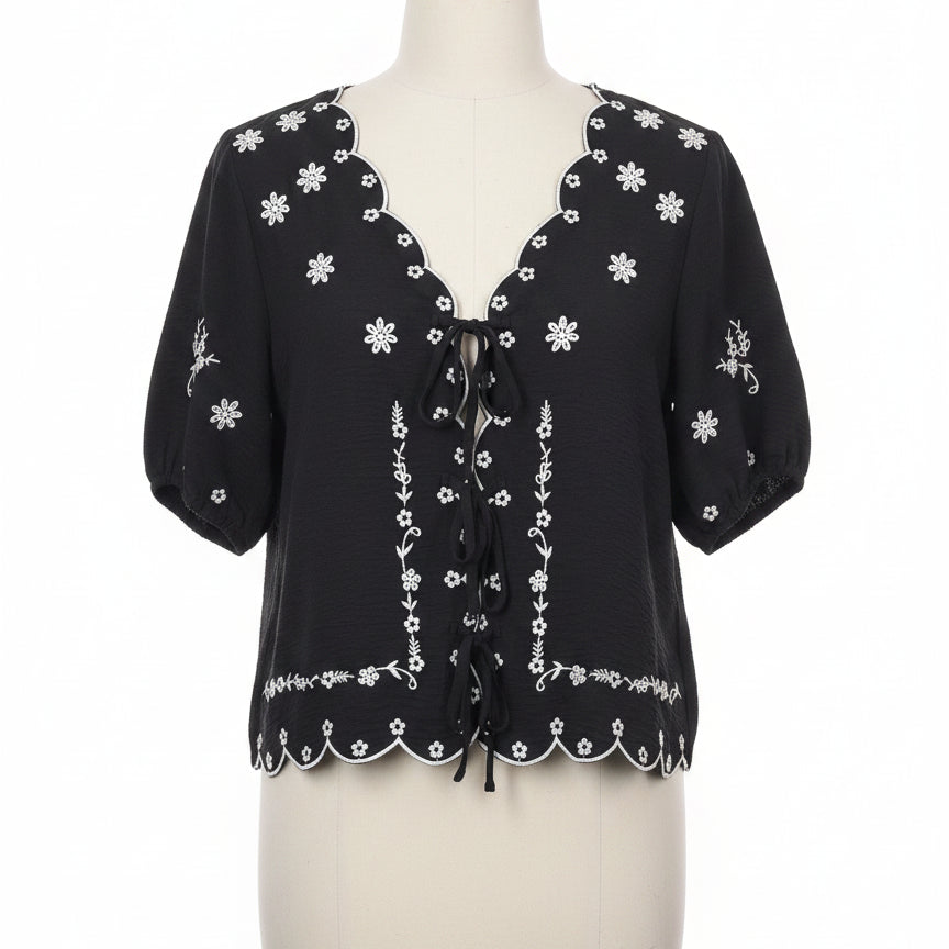Adrianna Papell · Tie Front Detail Balloon Sleeve · Small · Black/White Embroidery