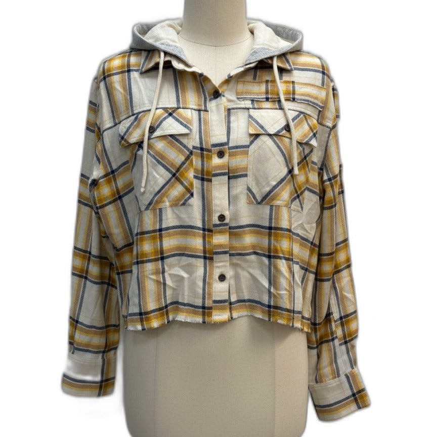 Cleo & Wolf · Cropped Hooded Shacket · Medium · YellowNavy Plaid
