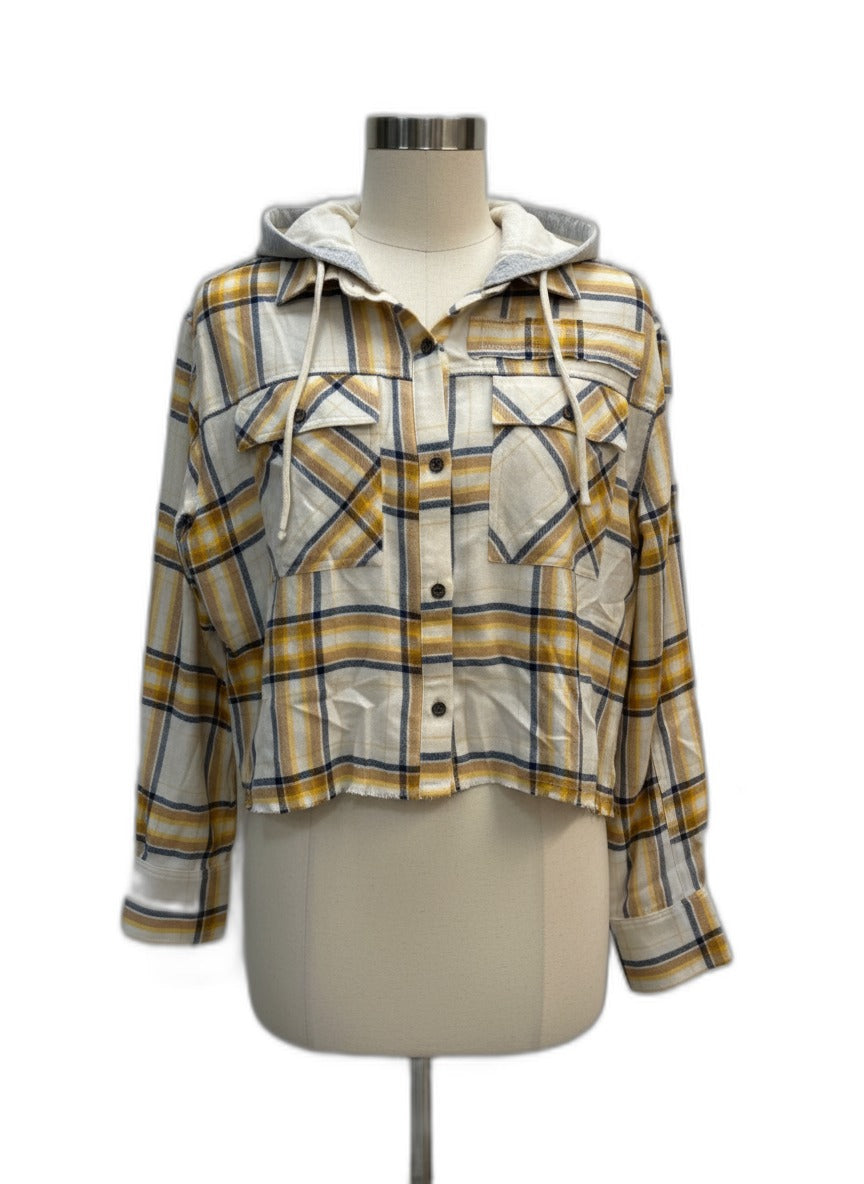 Cleo & Wolf · Cropped Hooded Shacket · Medium · YellowNavy Plaid