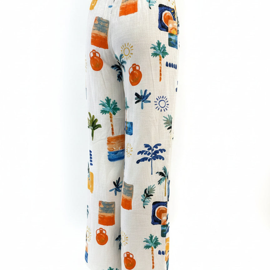 Label of Love · Palm tree pants, linen blend · Small · WhiteMulti