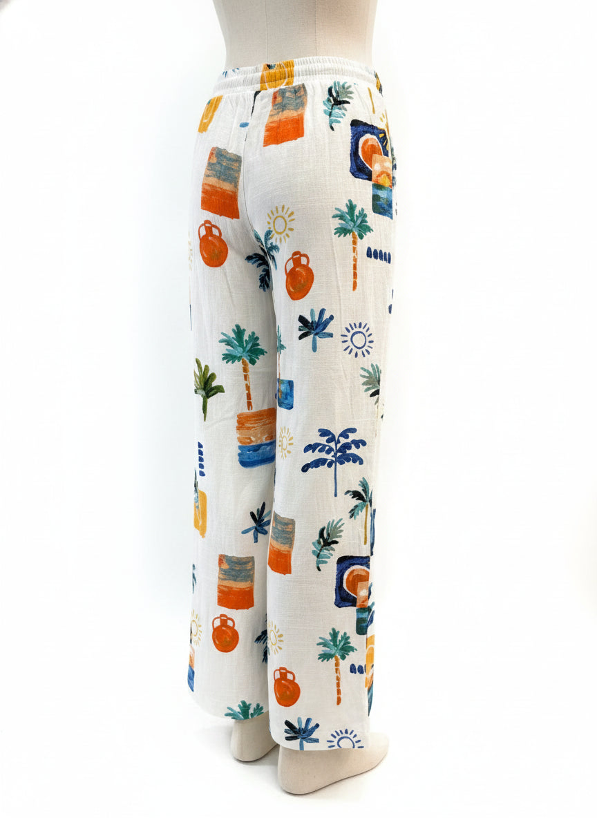 Label of Love · Palm tree pants, linen blend · Small · WhiteMulti