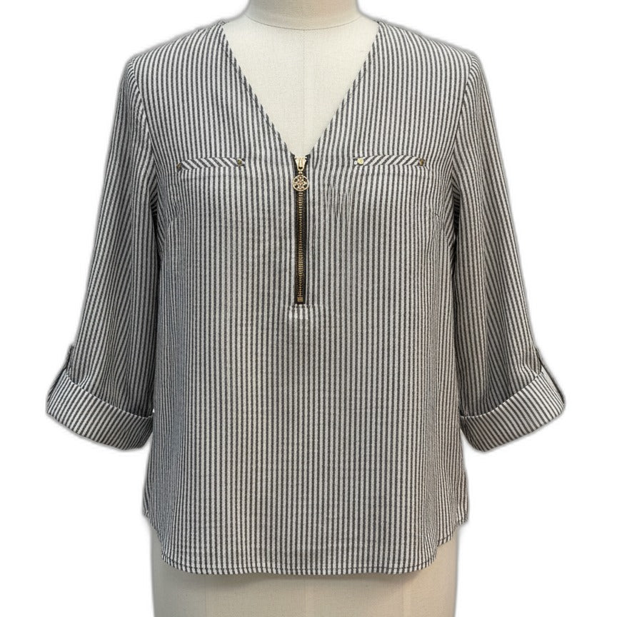 Anne Klein · 3/4 Sleeve Metallic Detail · Medium · White and Gray with Metallic Stripes