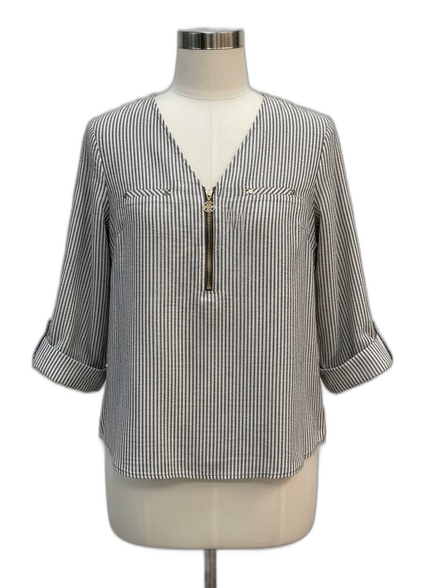 Anne Klein · 3/4 Sleeve Metallic Detail · Medium · White and Gray with Metallic Stripes