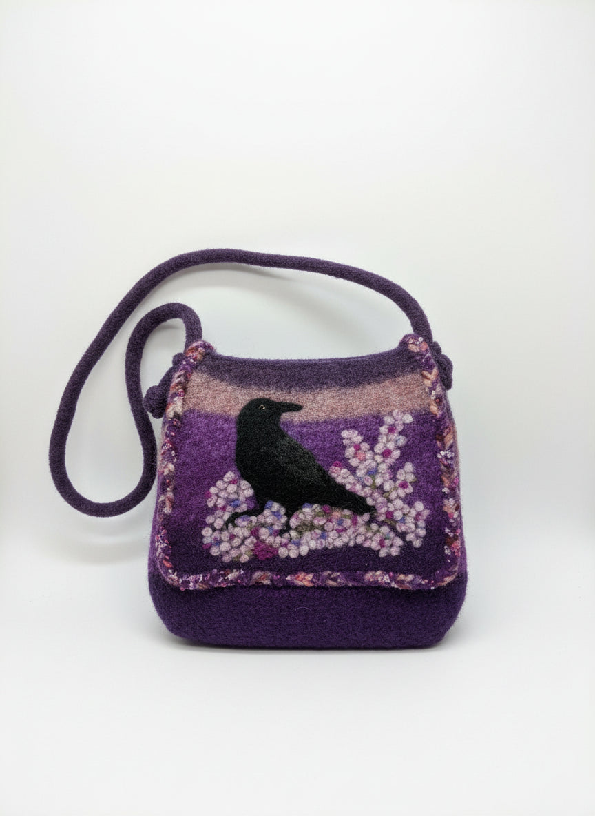 Artisan Made · PuroFloral 100% Wool Raven felted wool bag by Sheila Saxon · Crossbody · Purple, Pink, Black