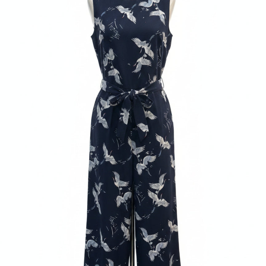 TCR · FashionJumpsuit Belted w/ Cranes Print · Small · NavyWhite