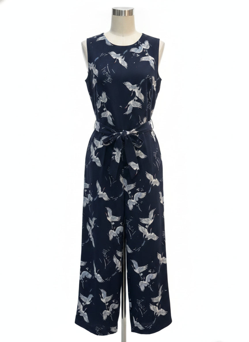 TCR · FashionJumpsuit Belted w/ Cranes Print · Small · NavyWhite