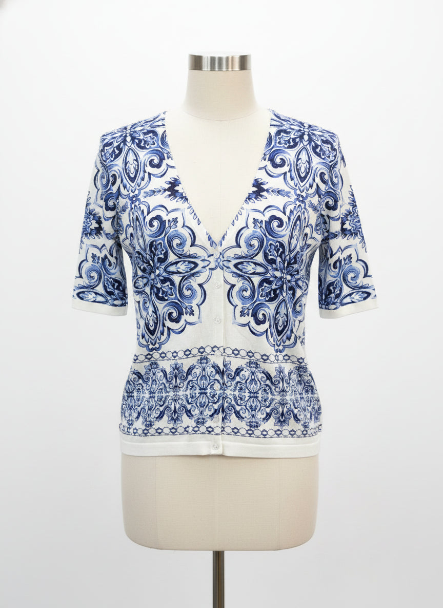 Talbots · Short Sleeve Cardi · Large · Blue/White