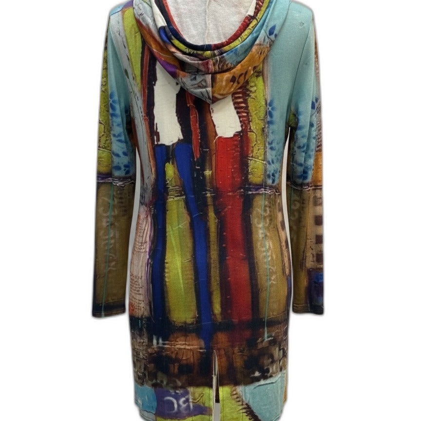 UBU · Hooded Zip Tunic Hoodie Abstract Art Print · XLarge · Lime Multi