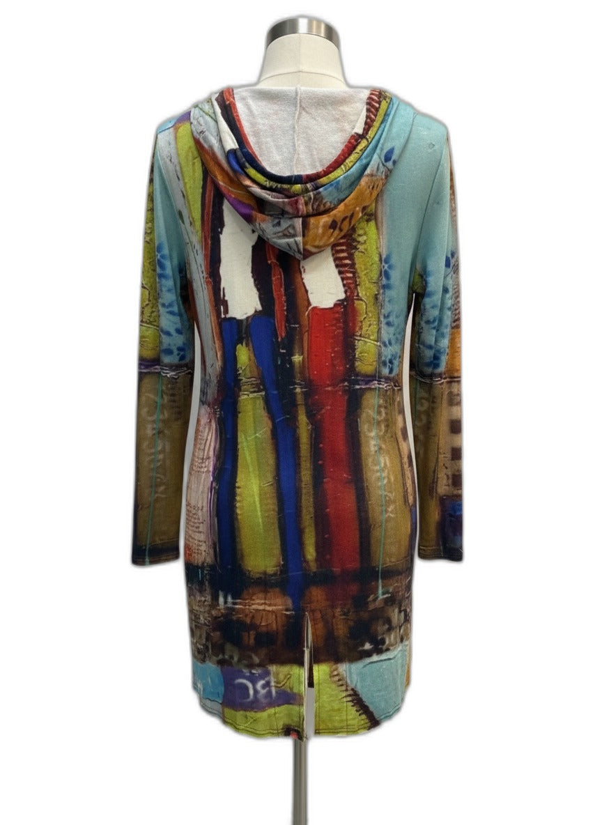 UBU · Hooded Zip Tunic Hoodie Abstract Art Print · XLarge · Lime Multi