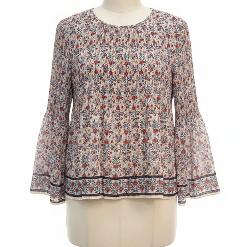 Max Studio · Bell Sleeve Pleated Top · Large · Cream, Blue, Red Floral