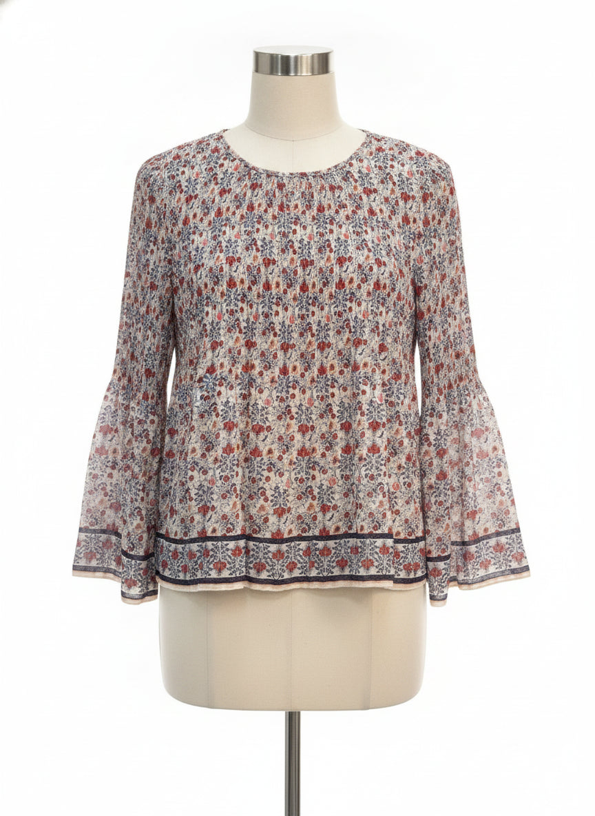 Max Studio · Bell Sleeve Pleated Top · Large · Cream, Blue, Red Floral