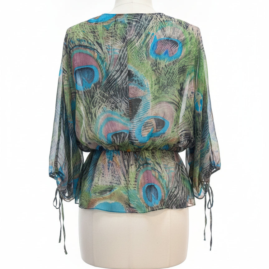 Anthropologie · Blue Tassel Peacock print top · Large · BlueGreen