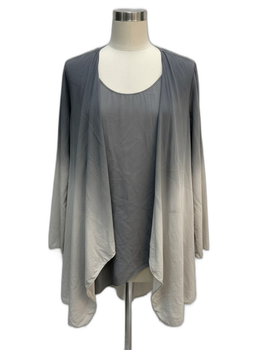 Eileen Fisher · SL Top w/Open Cardi 100% Silk · Large · Gray Ombré