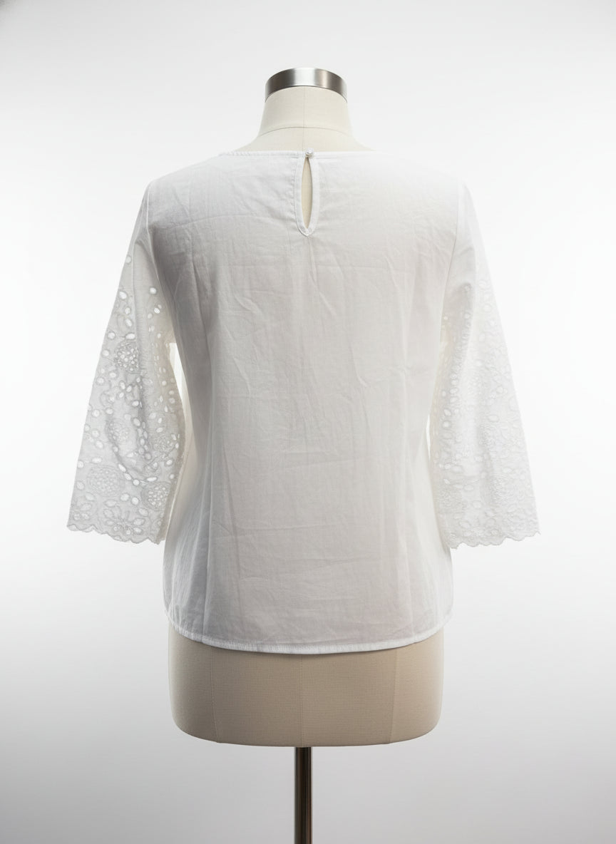 Anthropologie · Blue Tassel White Lace Poplin Blouse · Small · White Eyelet
